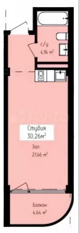 Апартаменты-студия, 30,3 м, 3/8 эт. - Фото 1
