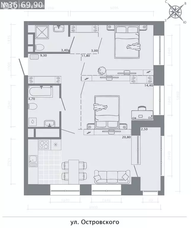 2-комнатная квартира: Казань, улица Островского, 105А (69.9 м) - Фото 1