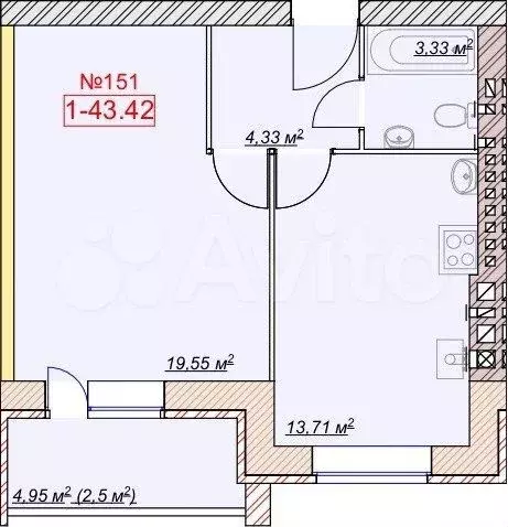 1-к. квартира, 43,4 м, 7/9 эт. - Фото 0