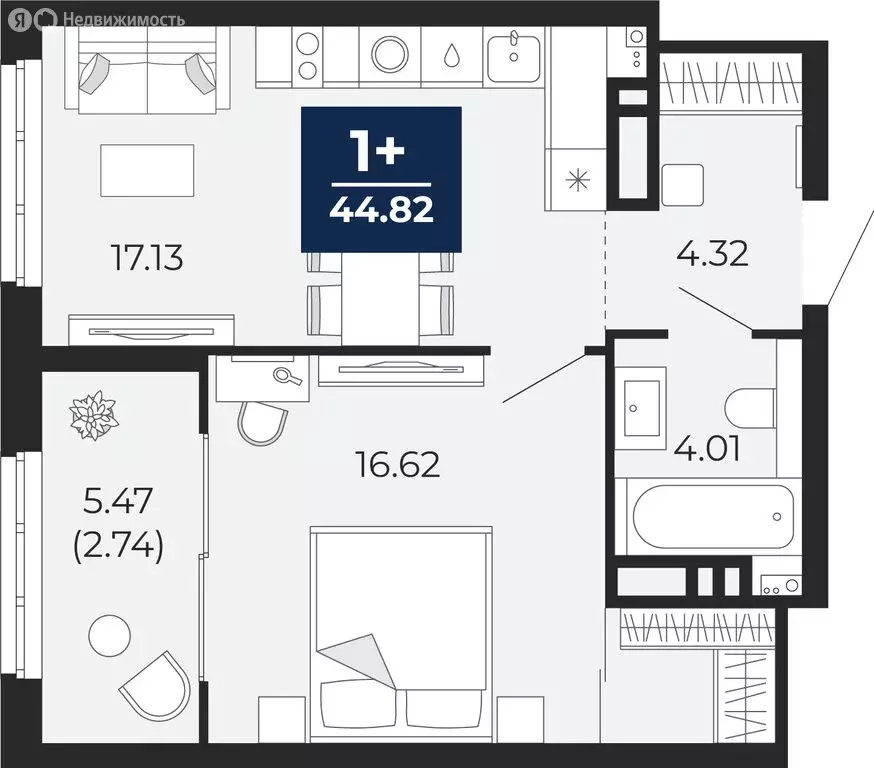 1-комнатная квартира: Тюмень, Камчатская улица, 107к1 (47.55 м) - Фото 1