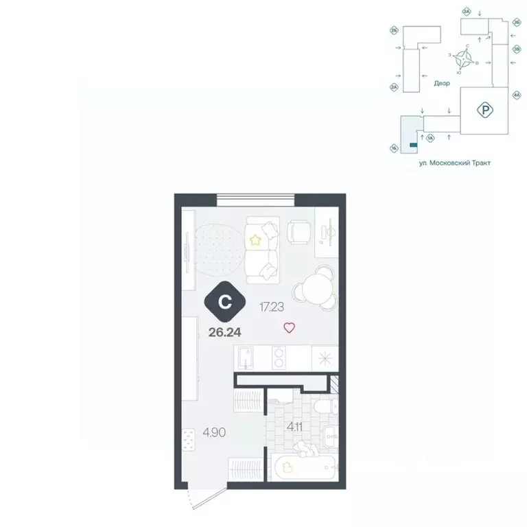 Студия Тюменская область, Тюмень Сибирский жилой комплекс (26.24 м) - Фото 1