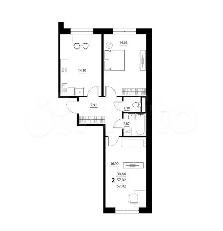 2-к. квартира, 57 м, 3/5 эт. - Фото 0