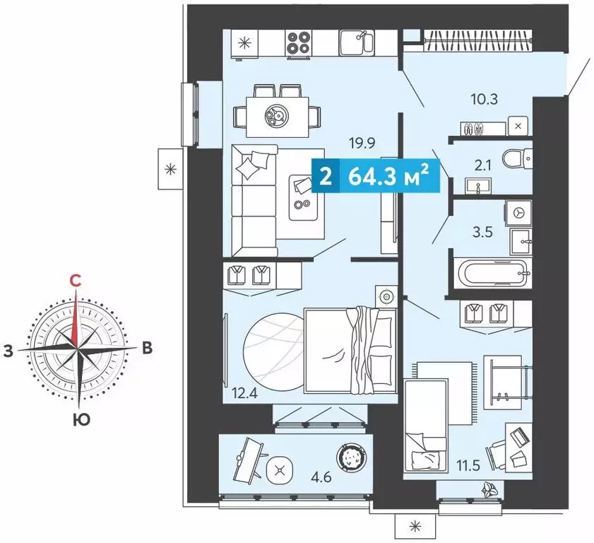 2-комнатная квартира: Засечное, микрорайон Город Спутник (64.3 м) - Фото 1