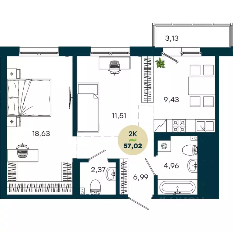 2-к кв. Иркутская область, Иркутск ул. Безбокова, 7А (57.02 м) - Фото 1