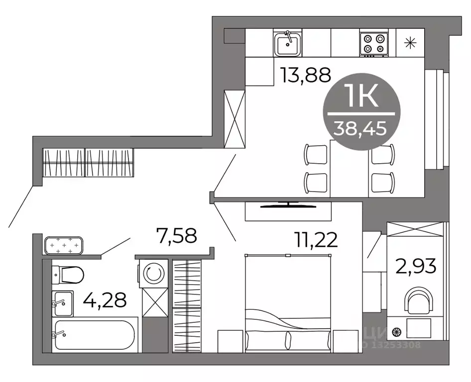 1-к кв. Воронежская область, Воронеж Галилей жилой комплекс (38.45 м) - Фото 1