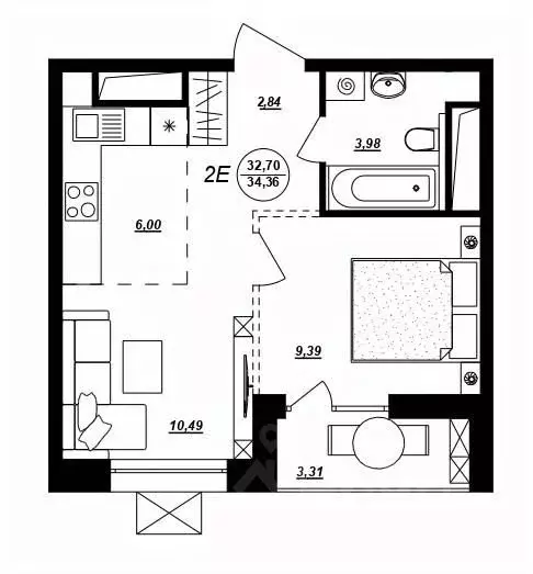 2-к кв. Хабаровский край, Хабаровск ул. Демьяна Бедного (34.36 м) - Фото 0