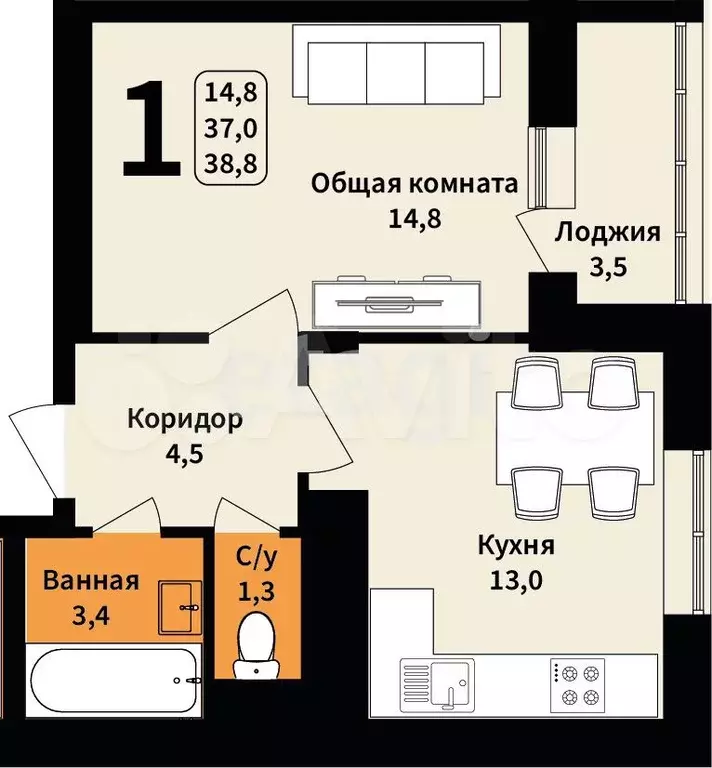 1-к. квартира, 38 м, 6/8 эт. - Фото 0