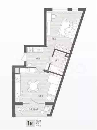 1-к. квартира, 47,4 м, 1/7 эт. - Фото 1
