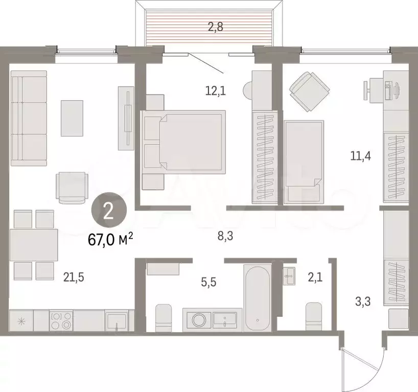 2-к. квартира, 67 м, 2/15 эт. - Фото 1