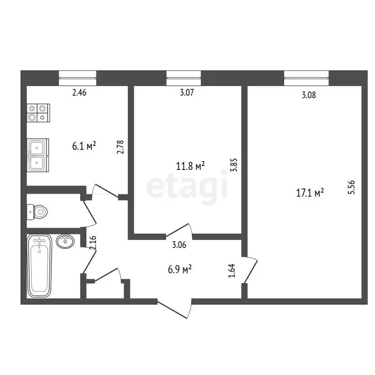 Квартира, 2 комнаты, 46.2 м - Фото 1