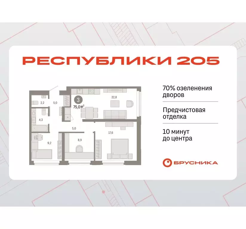 3-комнатная квартира: Тюмень, жилой комплекс Республики 205 (74.95 м) - Фото 0