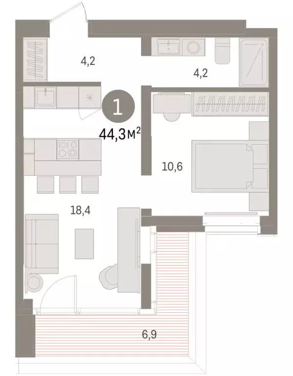 1-комнатная квартира: Тюмень, жилой комплекс На Минской (44.31 м) - Фото 2