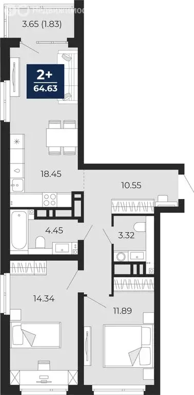 2-комнатная квартира: Тюмень, микрорайон Ямальский-2 (64.63 м) - Фото 0