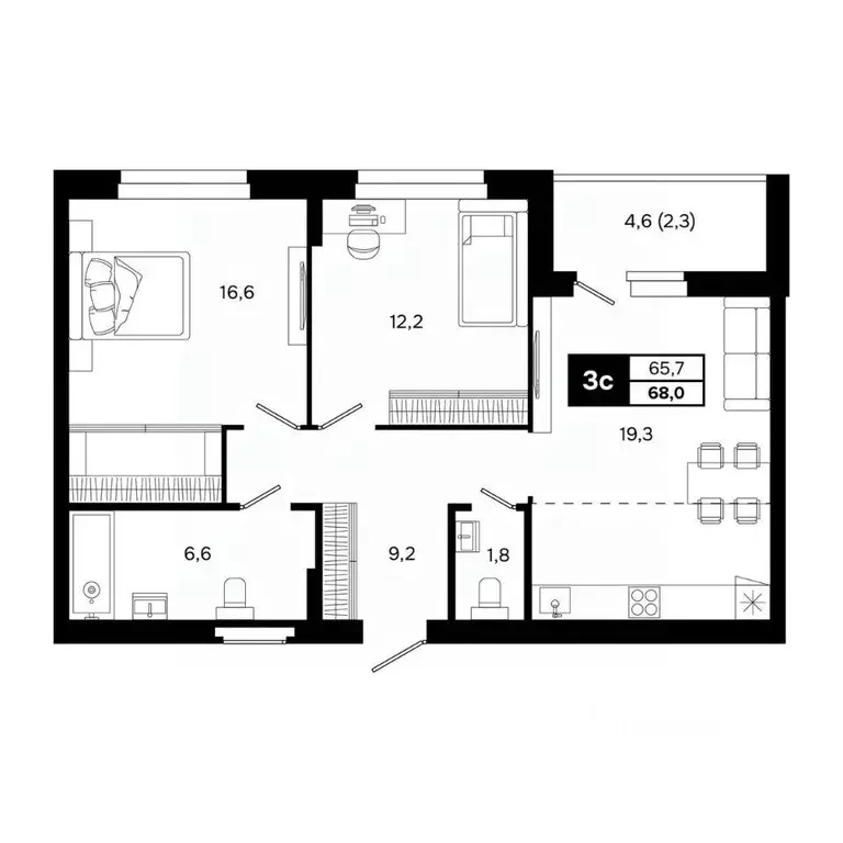 3-к кв. Новосибирская область, Кольцово рп, 5-й мкр  (68.0 м) - Фото 2