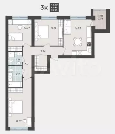 3-к. квартира, 85,5 м, 2/9 эт. - Фото 1
