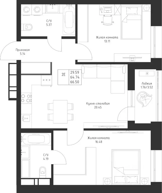 2-к кв. Татарстан, Казань Седьмое Небо жилрайон,  (66.5 м) - Фото 1