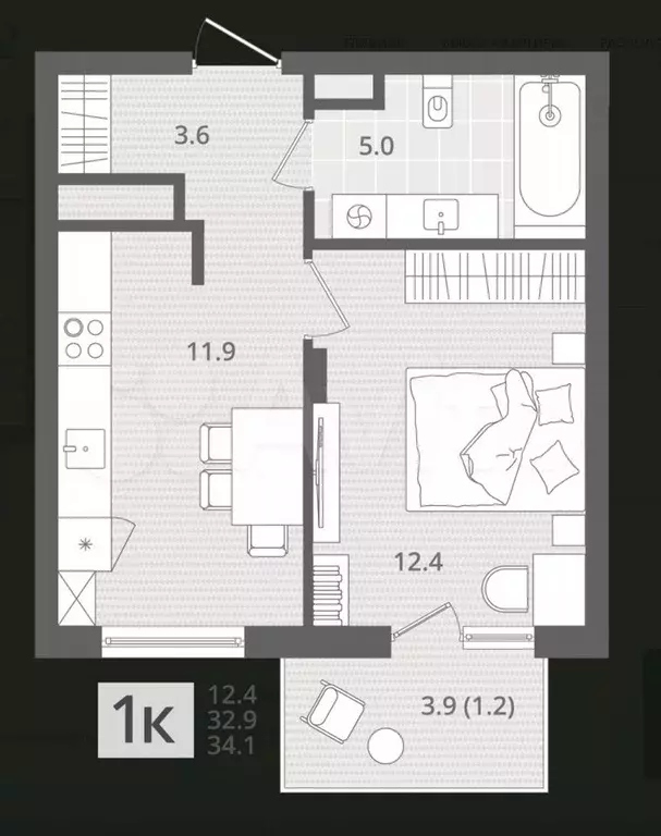 1-к. квартира, 34 м, 4/7 эт. - Фото 1