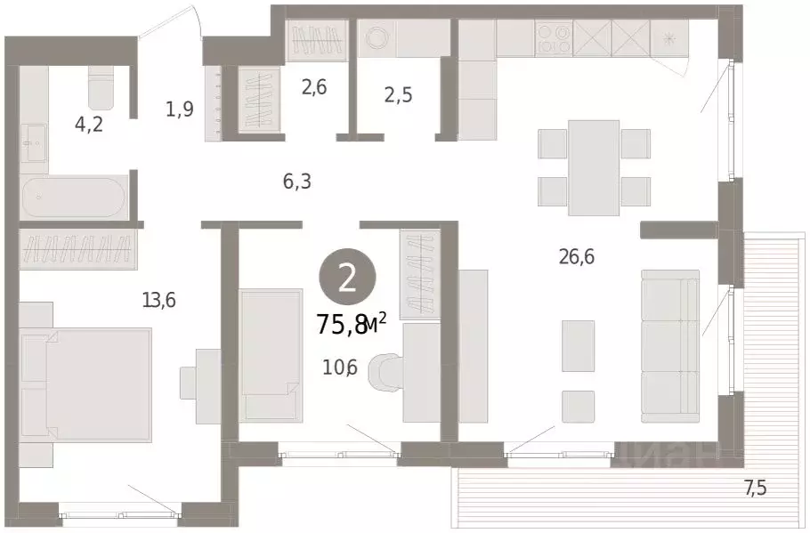 2-к кв. Свердловская область, Екатеринбург пер. Торфяной, 4 (75.8 м) - Фото 1