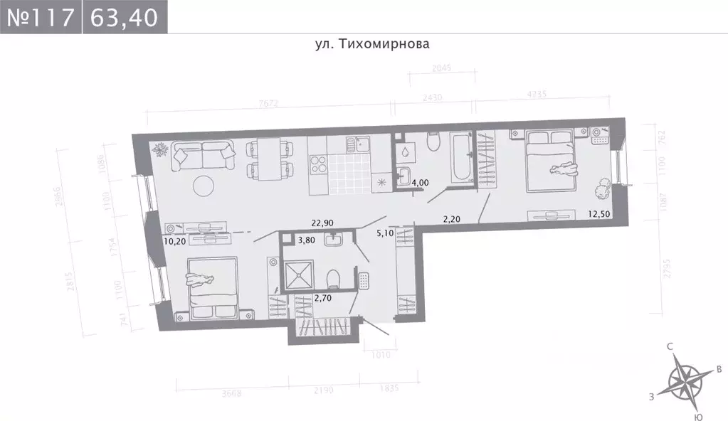 2-к кв. Татарстан, Казань ул. Калинина, 1Б (63.4 м) - Фото 0