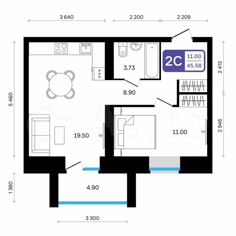 2-к. квартира, 45,6 м, 1/9 эт. - Фото 0