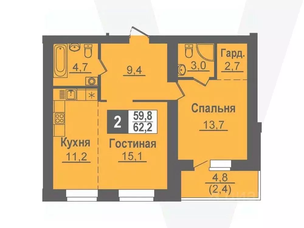 2-к кв. Новосибирская область, Кольцово рп ул. Благовещенская, 2 (62.2 ... - Фото 0