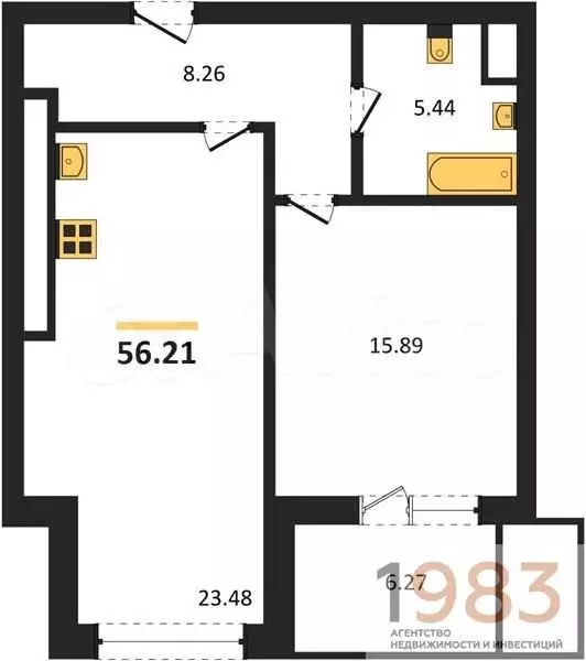 1-к. квартира, 56,2 м, 6/9 эт. - Фото 0