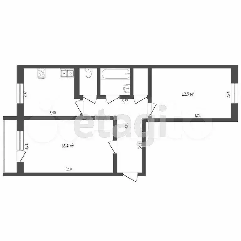 2-к. квартира, 49,6 м, 3/5 эт. - Фото 0