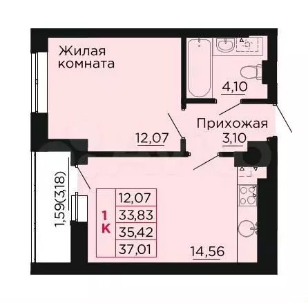 1-к. квартира, 35,4 м, 6/9 эт. - Фото 0