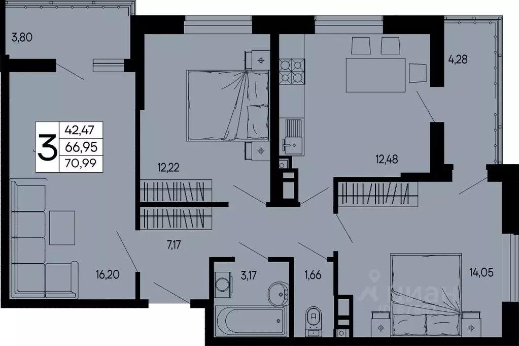 3-к кв. Адыгея, Майкоп 9 Мая ул. (70.99 м) - Фото 1