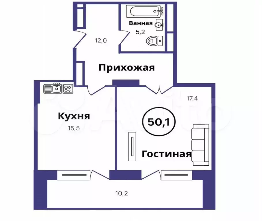 1-к. квартира, 50,1 м, 16/17 эт. - Фото 1