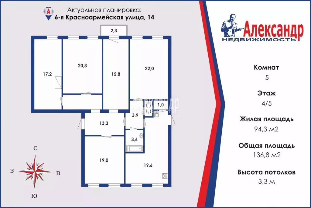 5-к кв. Санкт-Петербург 6-я Красноармейская ул., 14 (136.8 м) - Фото 0