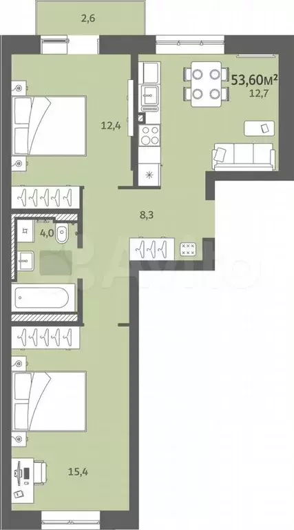 2-к. квартира, 53,6 м, 7/7 эт. - Фото 0
