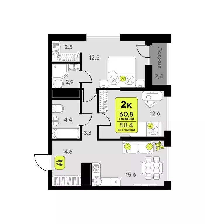 2-комнатная квартира: Тюмень, улица Андрея Приказнова, 7 (60.8 м) - Фото 1