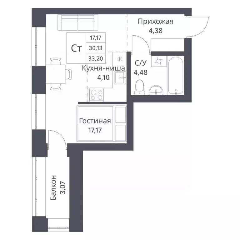 Студия Новосибирская область, Новосибирск Игарская ул., 40/2 (30.13 м) - Фото 0