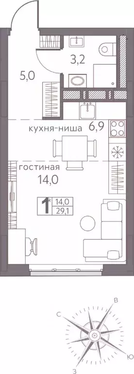 Студия Пермский край, Пермь ул. Серебристая, 3А (29.1 м) - Фото 1