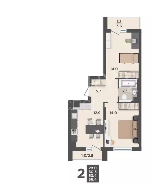 2-комнатная квартира: Калининградская область, Гурьевский ... - Фото 1