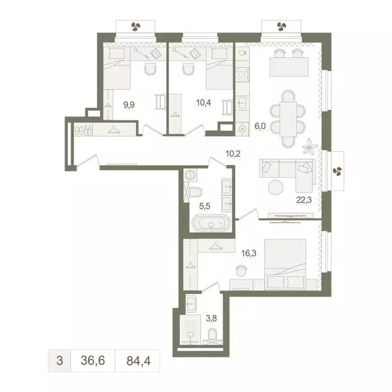 3-к кв. Башкортостан, Уфа Родина Парк жилой комплекс (84.4 м) - Фото 1