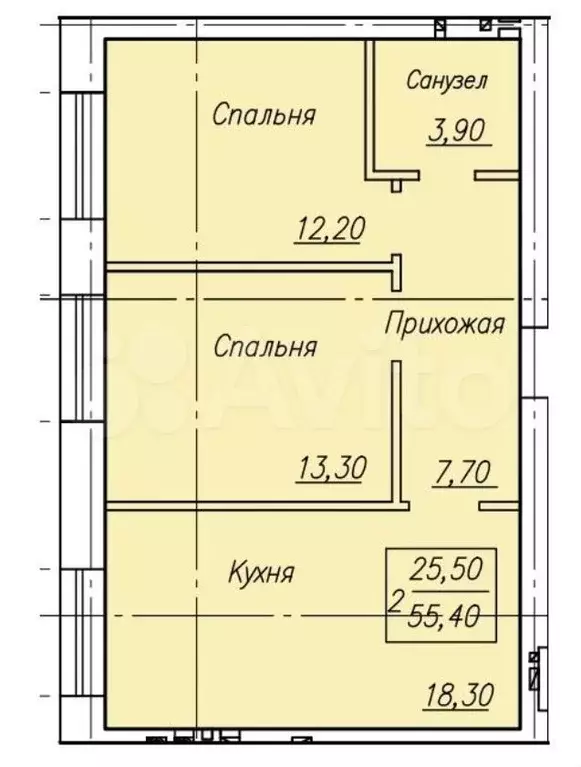 2-к. квартира, 56 м, 3/4 эт. - Фото 1