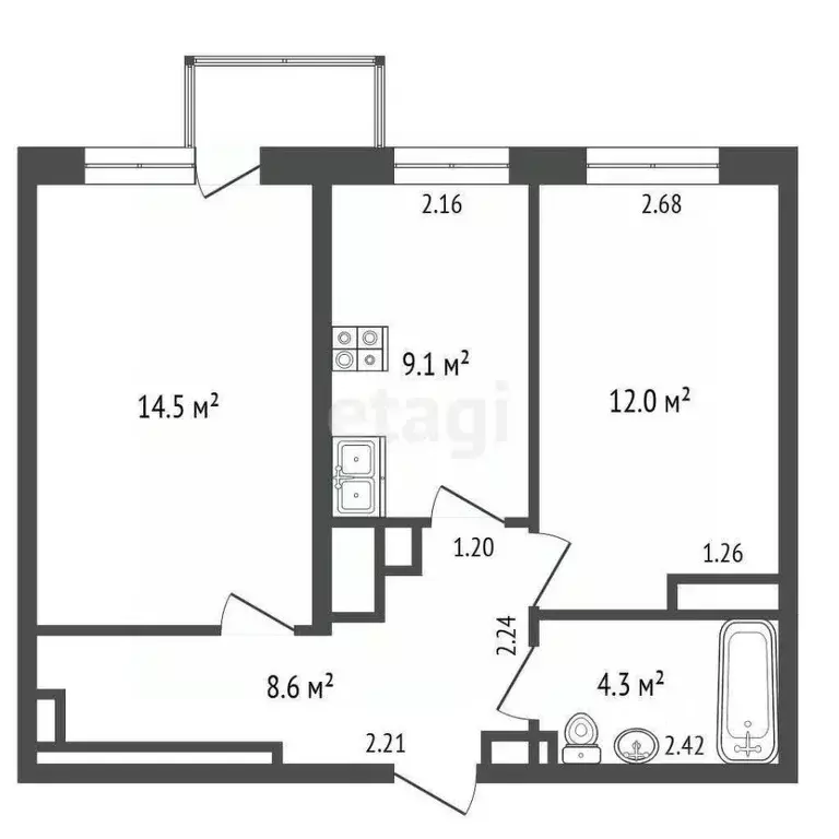 2-к кв. Ростовская область, Ростов-на-Дону Стабильная ул., 3с3 (48.0 ... - Фото 1