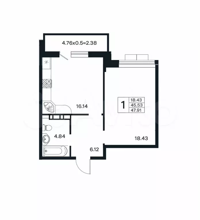 1-к. квартира, 47,9 м, 8/12 эт. - Фото 1