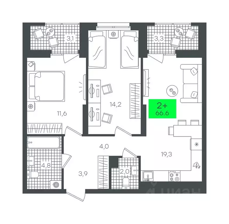 2-к кв. Тюменская область, Тюмень ул. Василия Малкова, 19 (66.62 м) - Фото 0