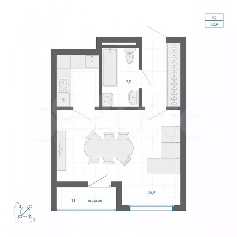 Квартира-студия, 30,7 м, 12/32 эт. - Фото 1