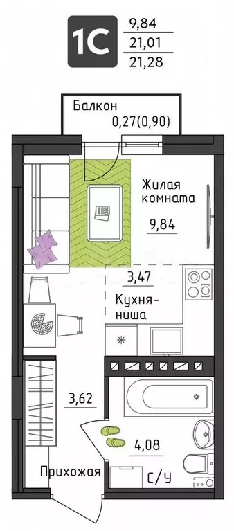 Квартира-студия, 21,3 м, 3/4 эт. - Фото 0