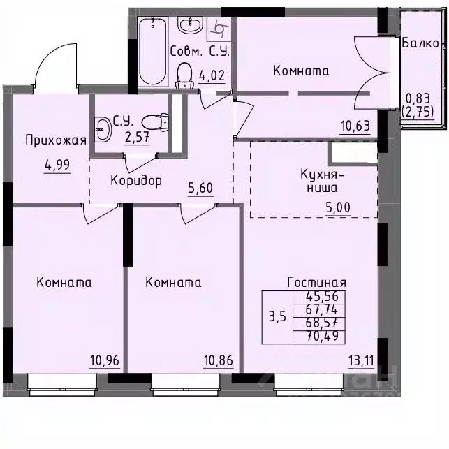 3-к кв. Удмуртия, Ижевск Строитель жилрайон, 4-й мкр,  (68.57 м) - Фото 0