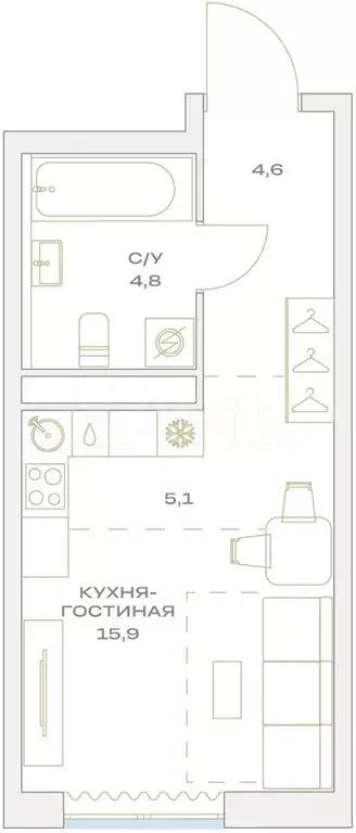 Квартира-студия, 25,3 м, 11/23 эт. - Фото 1