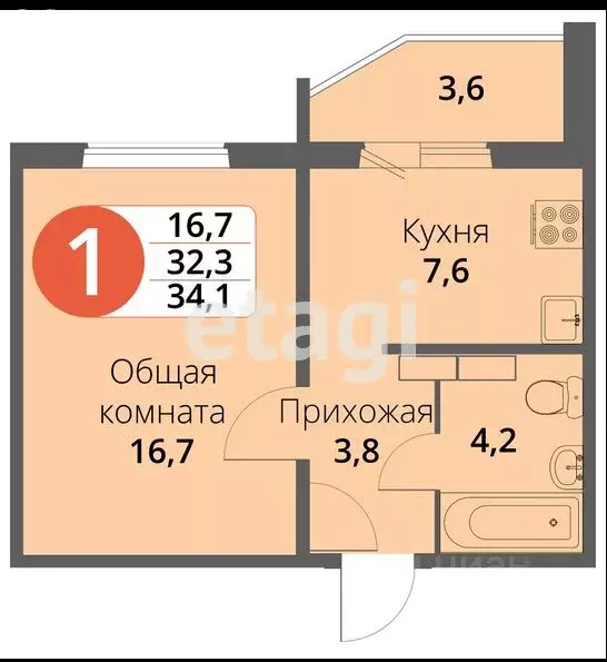1-комнатная квартира: Орёл, Зареченская улица, 6к3 (32.4 м) - Фото 0