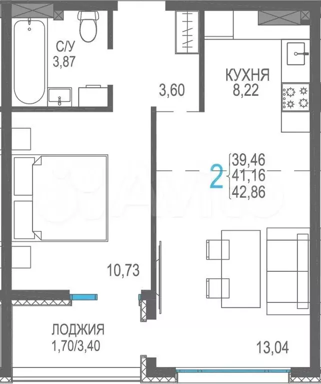 2-к. квартира, 41,2 м, 5/8 эт. - Фото 1