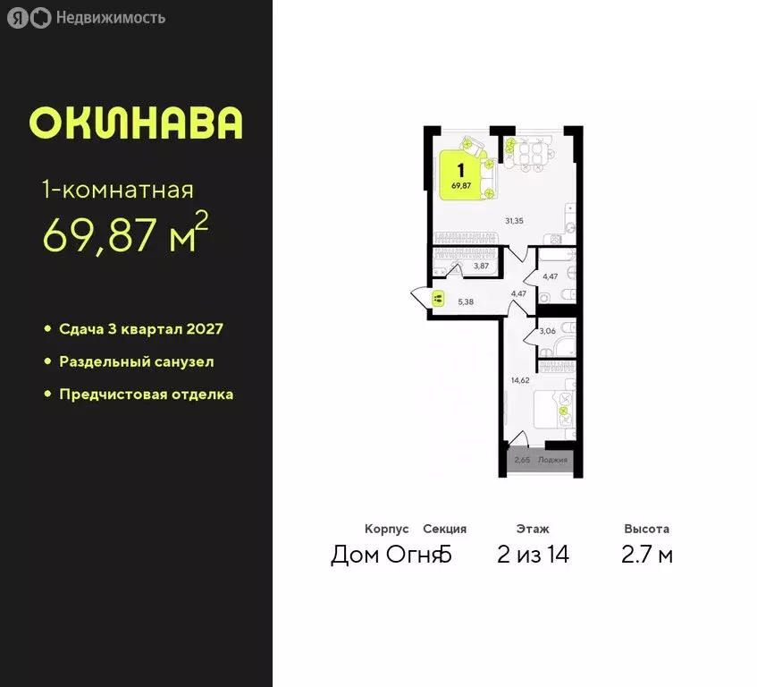 1-комнатная квартира: Тюмень, жилой комплекс Окинава (69.87 м) - Фото 0