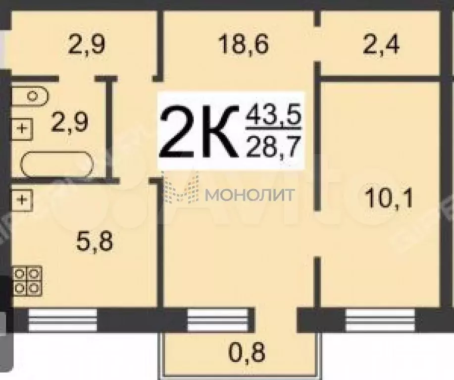2-к. квартира, 43,5 м, 5/5 эт. - Фото 0