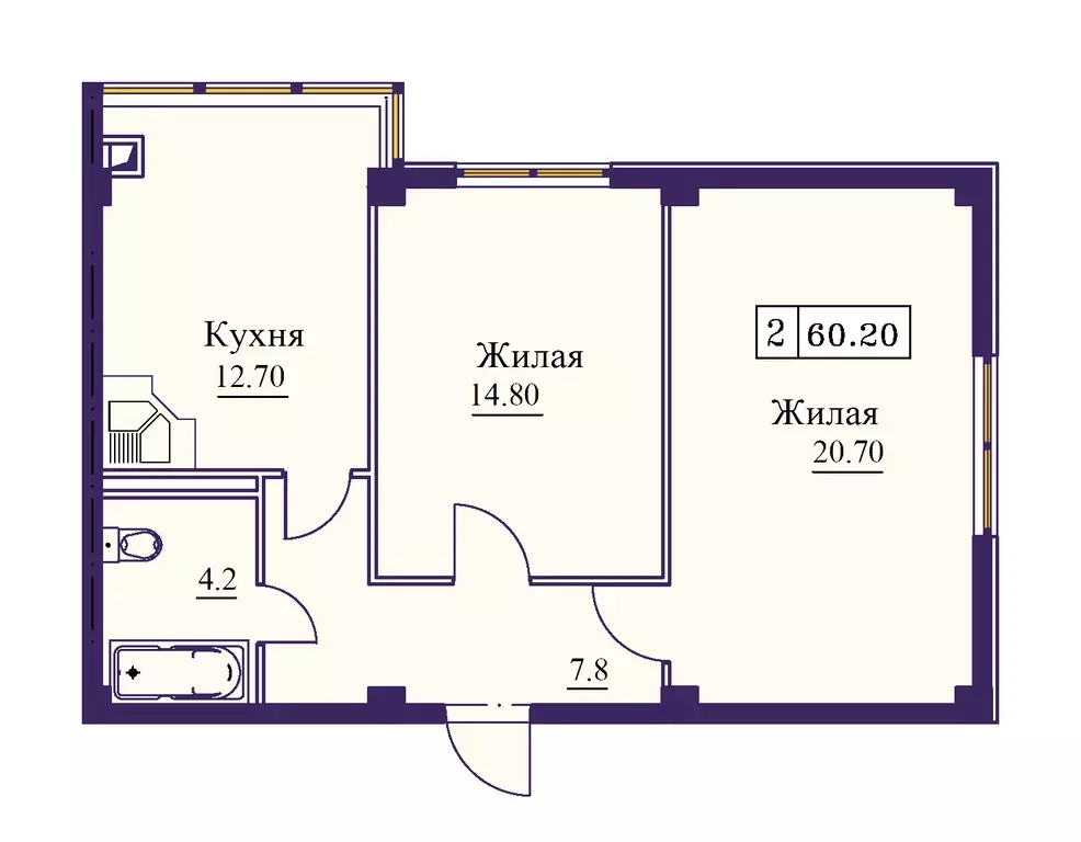 2-к квартира, 60.2 м - Фото 0